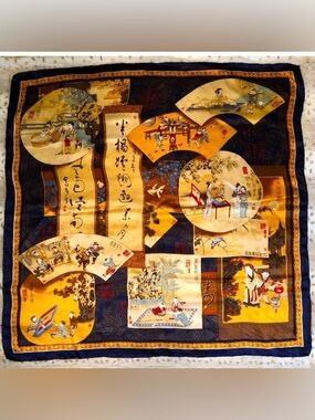 Vintage Chinese Japanese Silk Wrap Scarf Shawl - 40” Gold Blue Red Cream Brown